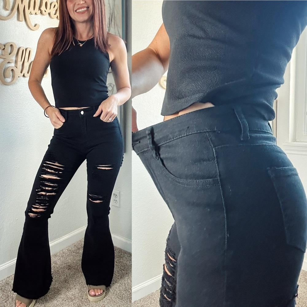 Boutique Black Distressed high waisted Flare Jeans size Small